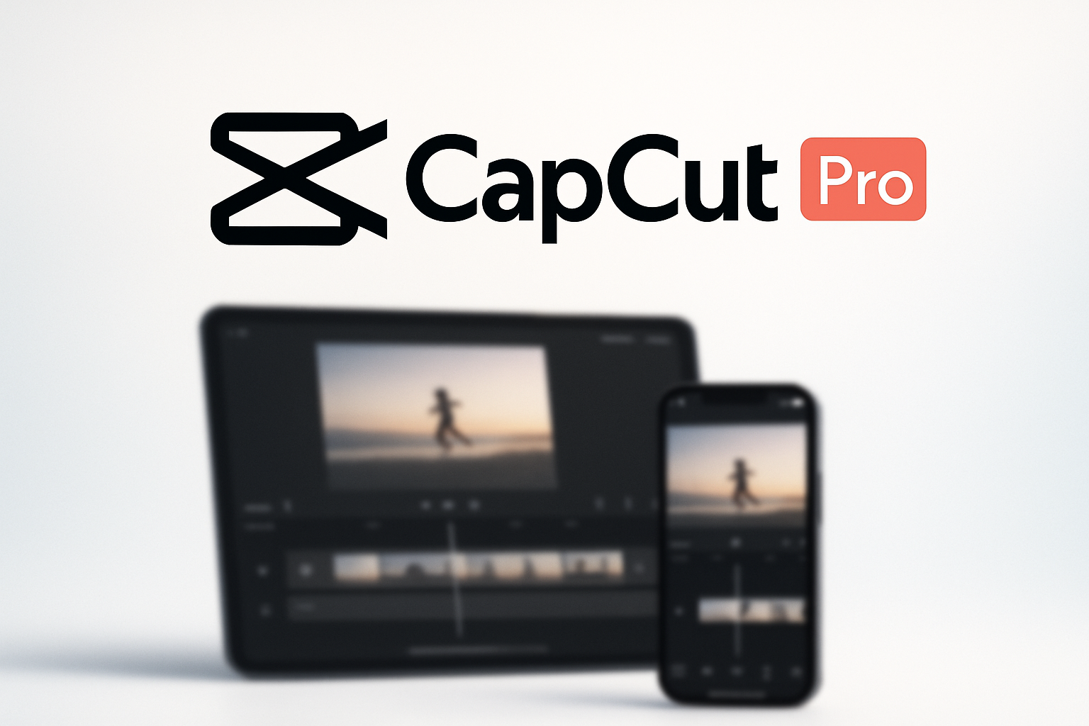 A minimalist tech poster: CapCut Pro branding (logo + stylized “Pro” text) on a light gradient background (white to pale blue), with shadowed tablet / phone screen showing video editing interface in the background slightly blurred. Add accent of coral / peach color for “Pro” ribbon or badge. Soft lighting, high contrast, modern feel.

